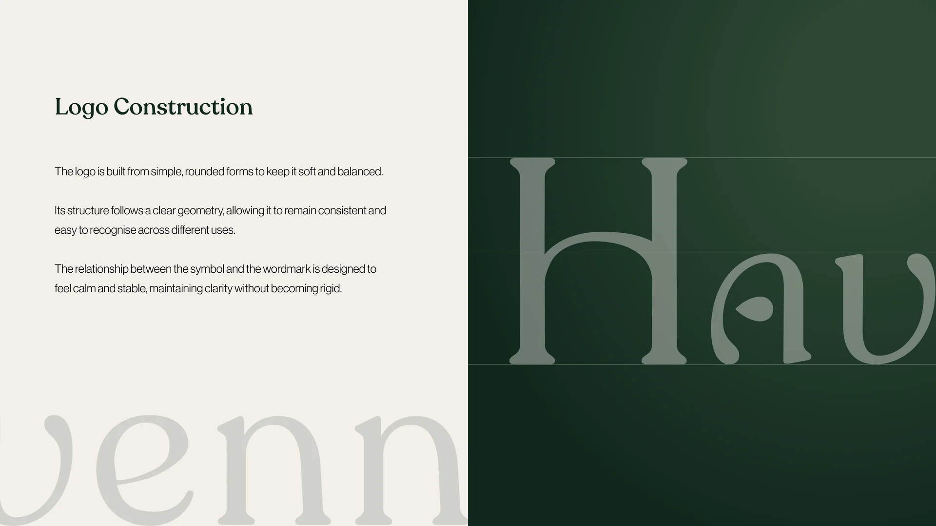Havenn logo construction slide: the wordmark drawn over horizontal guides on a deep green field, opposite the construction rationale