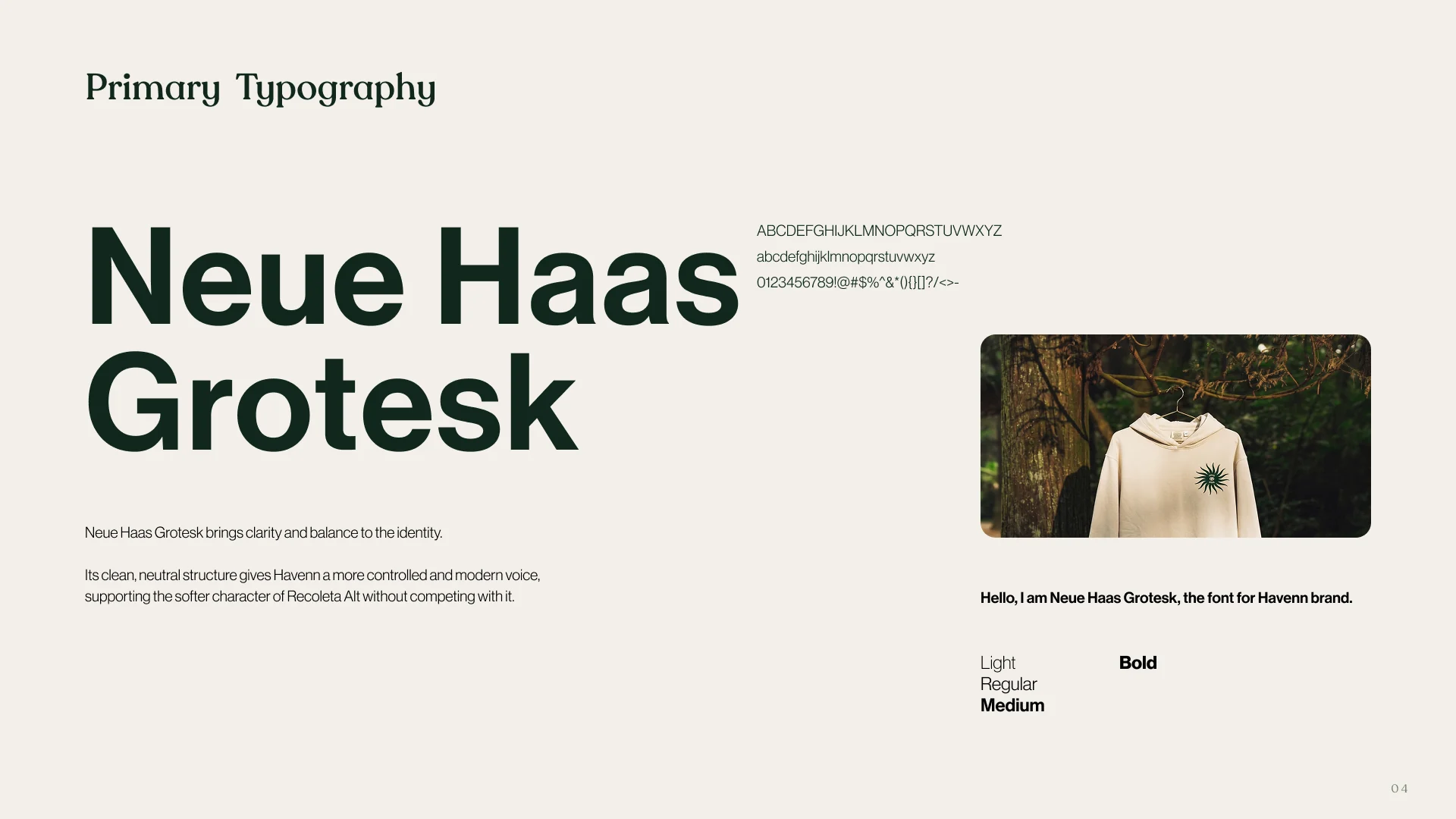 Havenn secondary typography slide for Neue Haas Grotesk, with the full character set and weight range