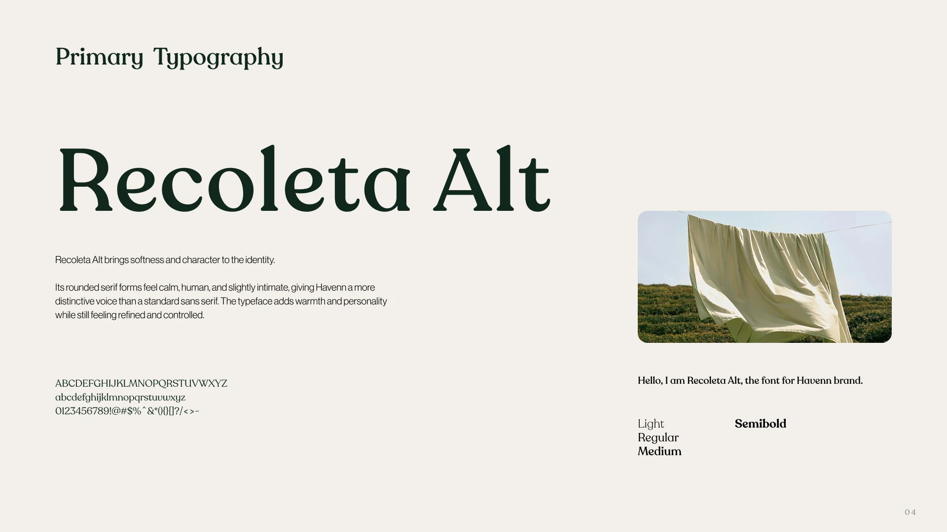 Havenn primary typography slide for Recoleta Alt, with the full character set and weight range