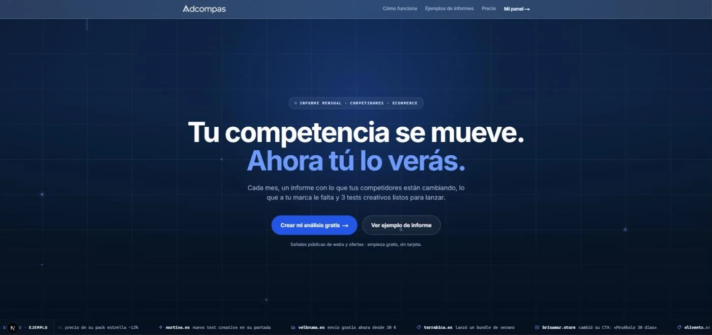 Adcompas landing page hero: a full-viewport navy signal field with the headline "Tu competencia se mueve. Ahora t&uacute; lo ver&aacute;s." and a live ticker of competitor changes
