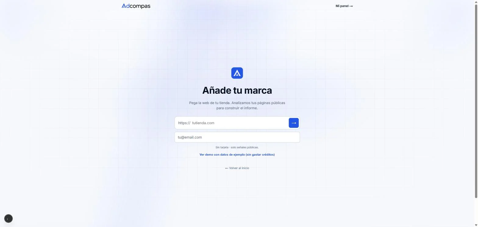 Adcompas onboarding step 1: paste your store URL and email, no card required