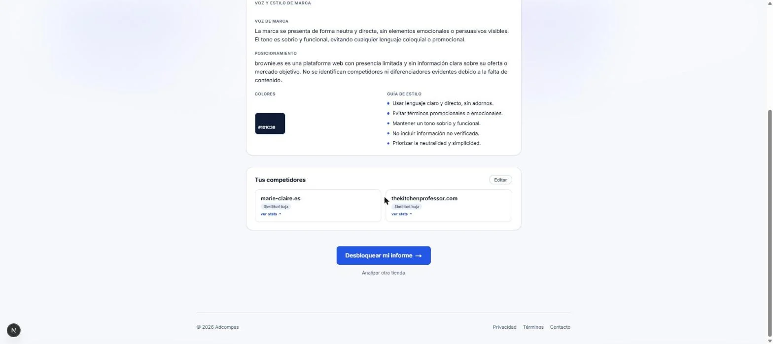 Adcompas paywall screen with the unlock-report call to action, after the brand analysis is already shown