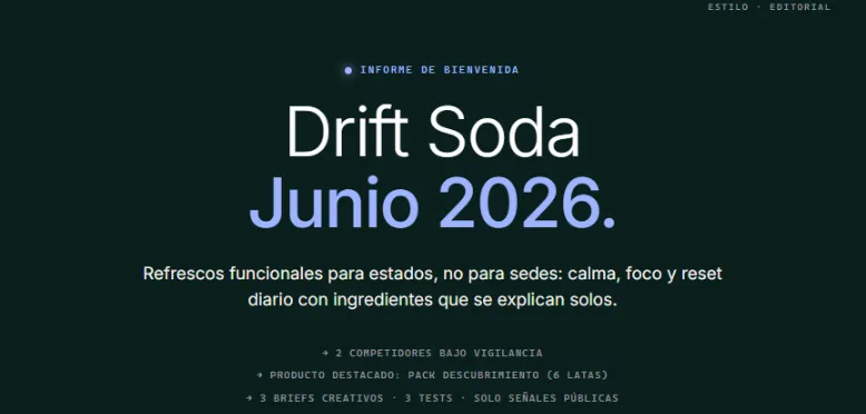 Adcompas report for Drift Soda: a deep green masthead with centred display type and a periwinkle date line