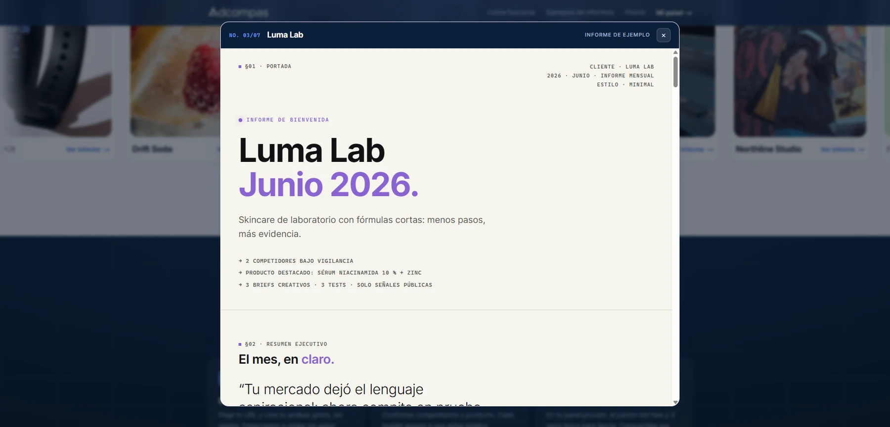 Adcompas report for Luma Lab opening in the reader, set in a minimal register with a violet accent