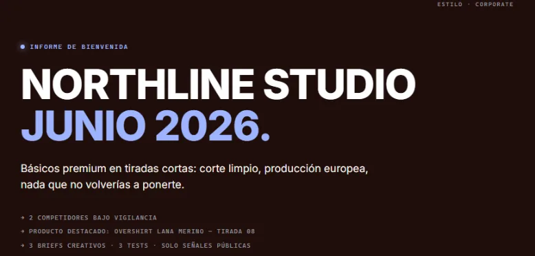 Adcompas report for Northline Studio: a near-black masthead with heavy flush-left caps and a periwinkle date line