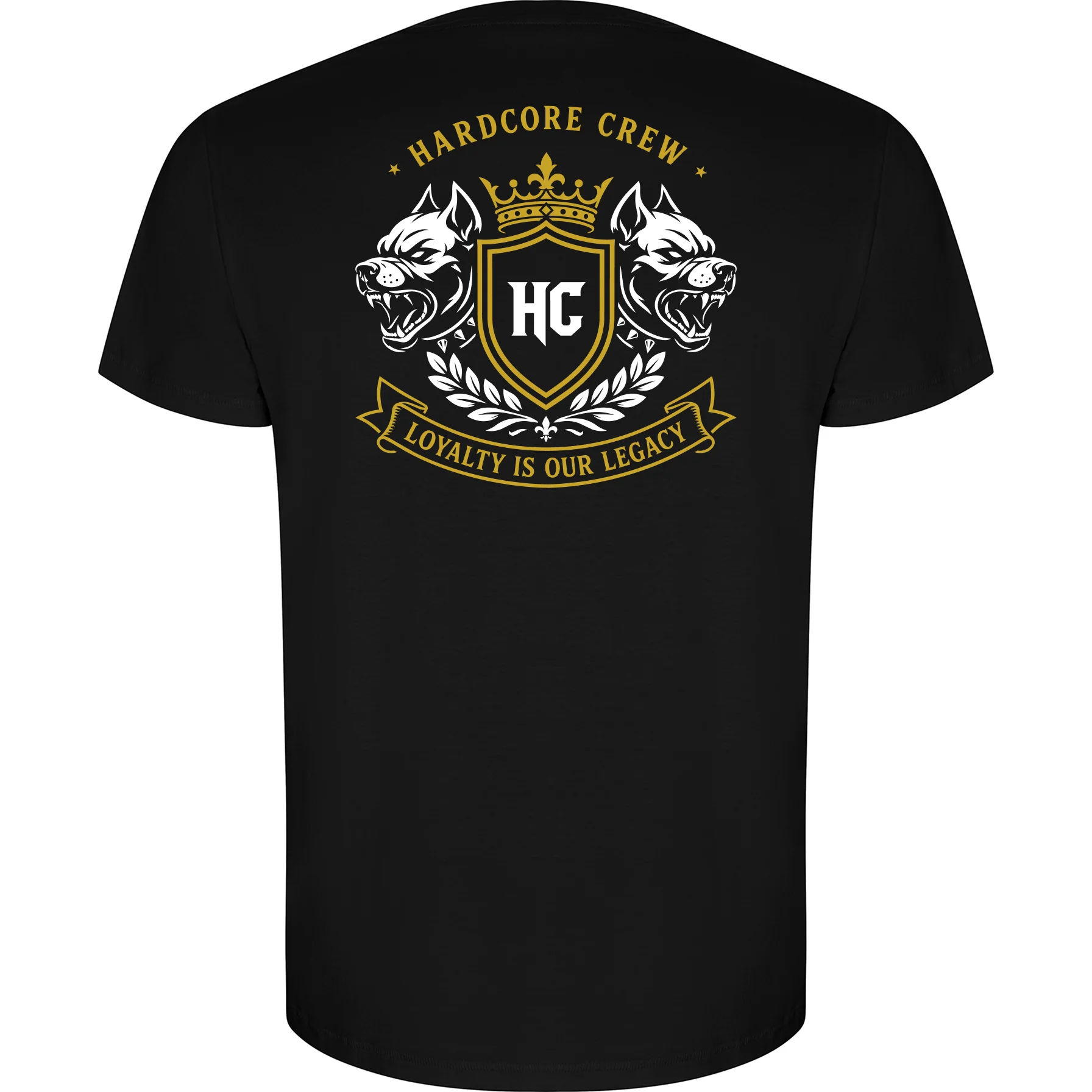 Close framing of the gold Hardcore Crew back crest on a black tee