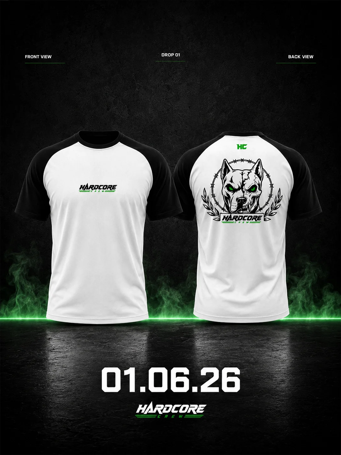 Hardcore Crew drop launch layout showing the raglan front and back views