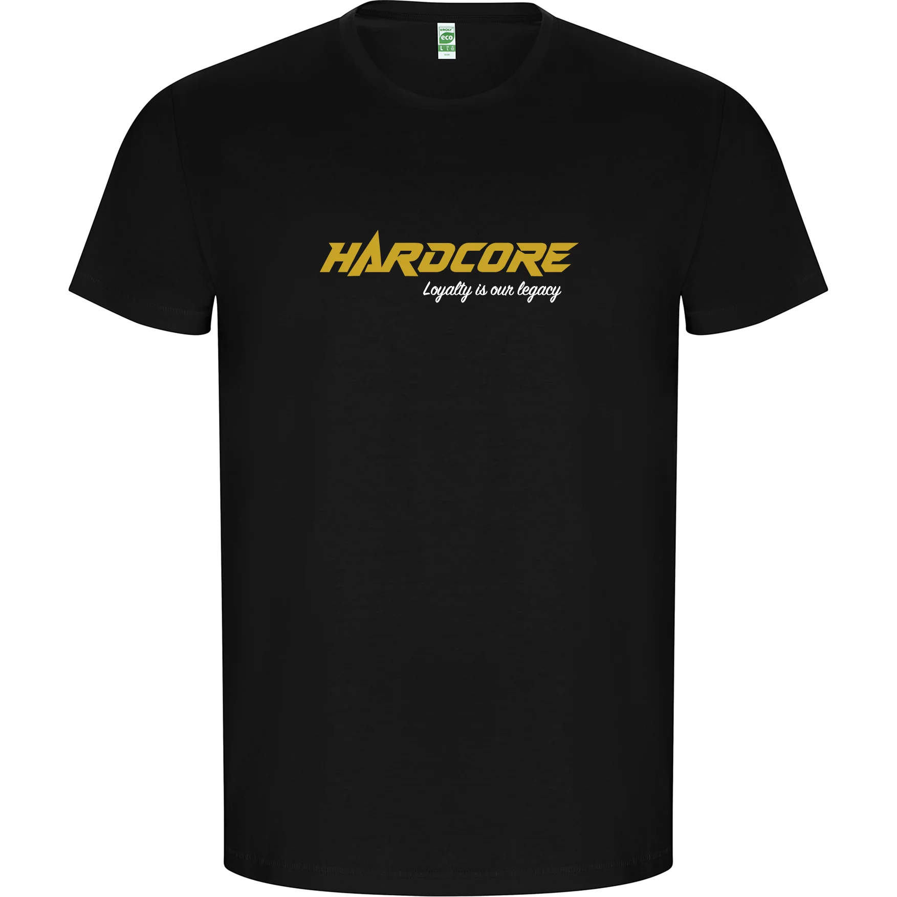 Hardcore Crew black tee with gold Hardcore wordmark across the chest