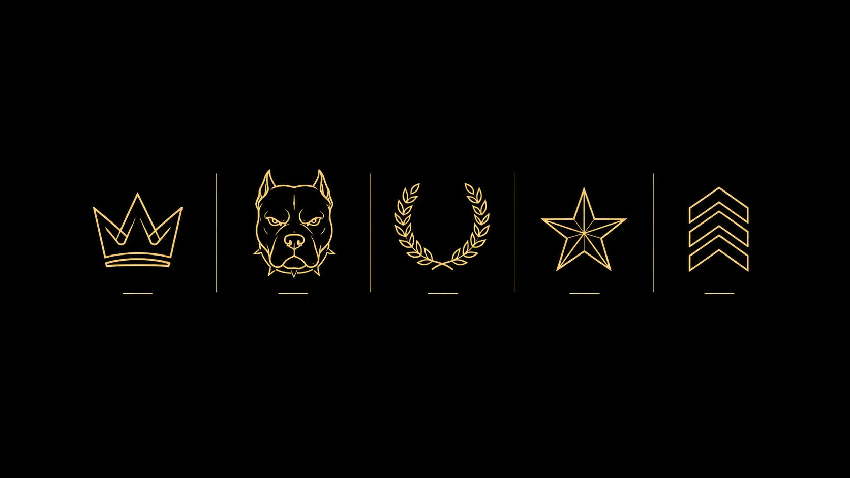 Hardcore Crew gold graphic elements: crown, dog, laurel, star and chevrons