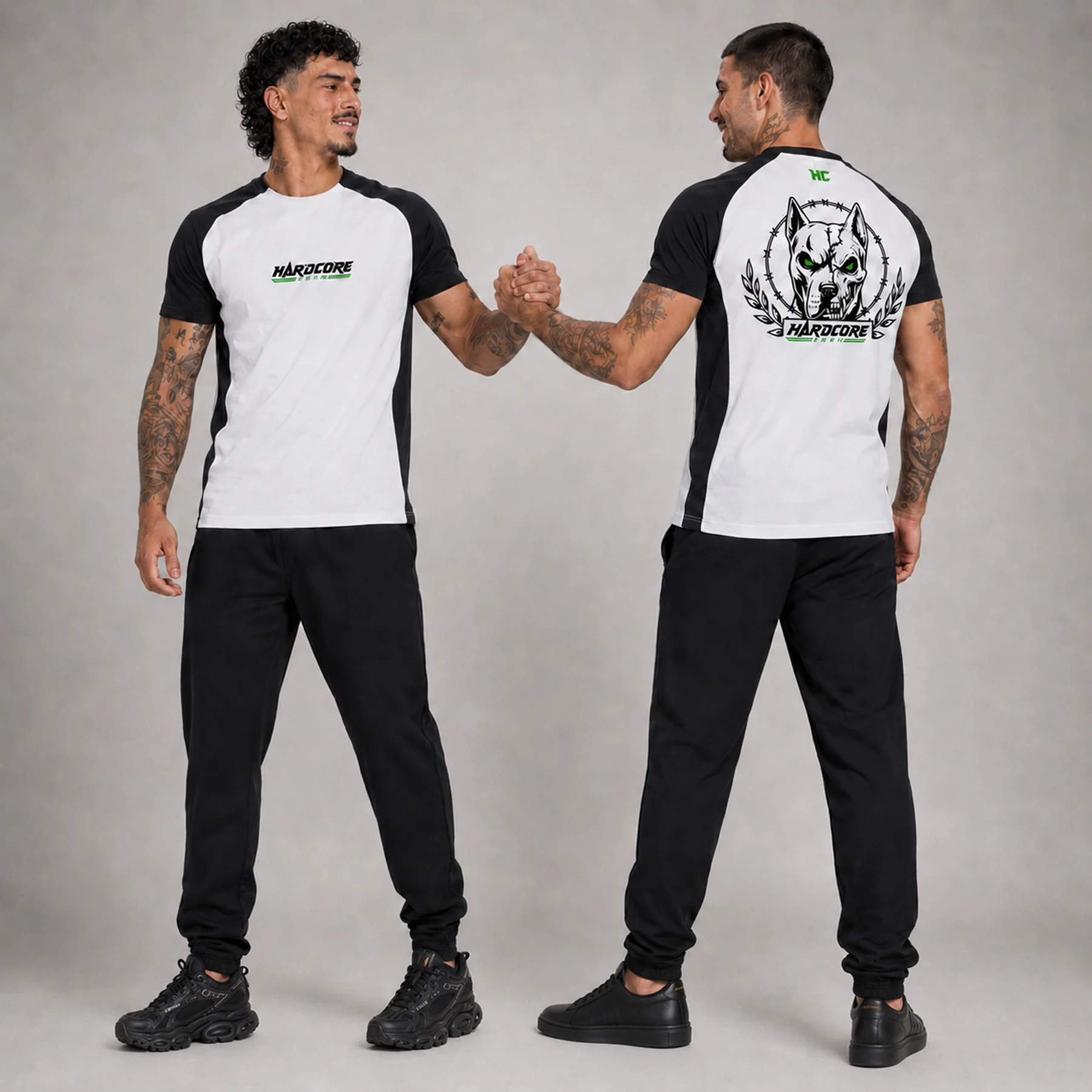 Two models in Hardcore Crew shirts clasping hands, showing crew identity