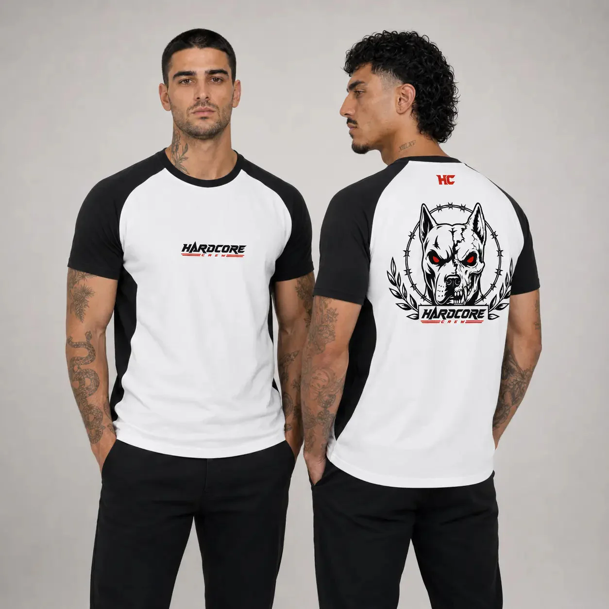 Two models wearing Hardcore Crew raglan shirts, front wordmark and back dog crest