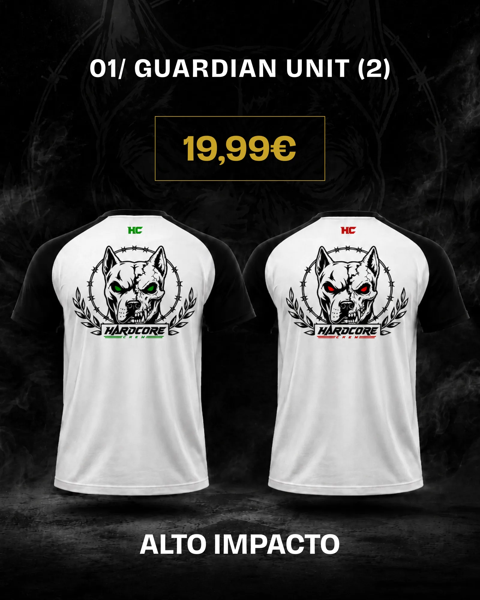 Guardian Unit Instagram drop post, black and white raglan with a pitbull crest
