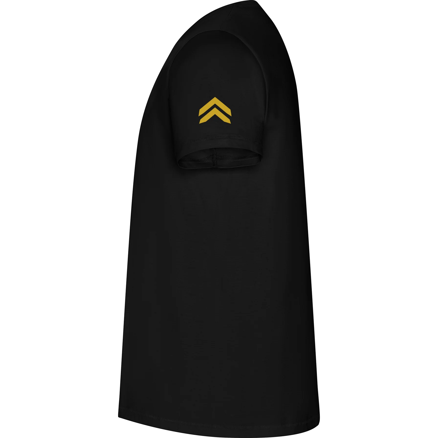 Hardcore Crew black tee sleeve with a small gold chevron graphic