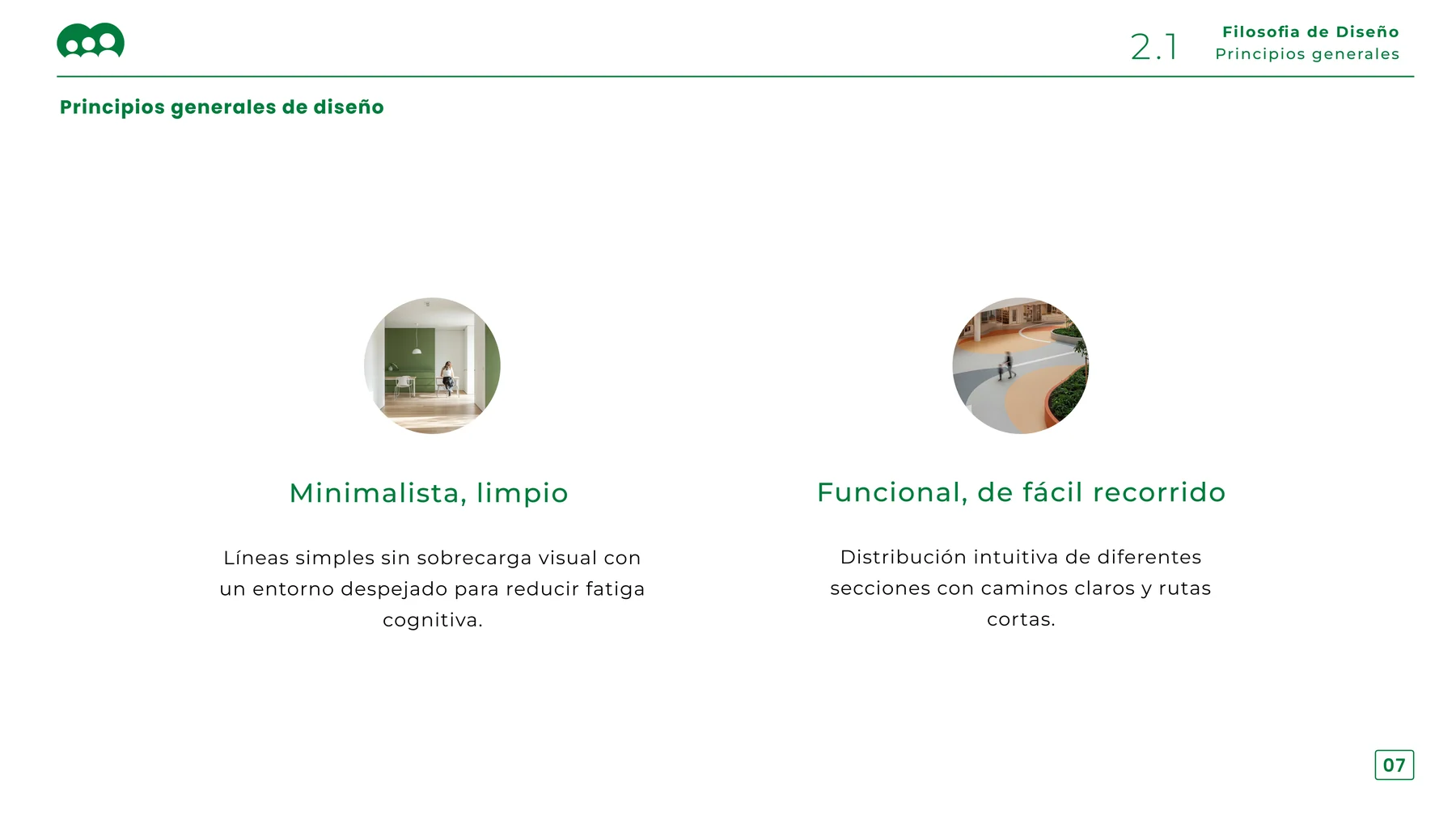 Design principles slide: minimal and clean, functional and easy to navigate
