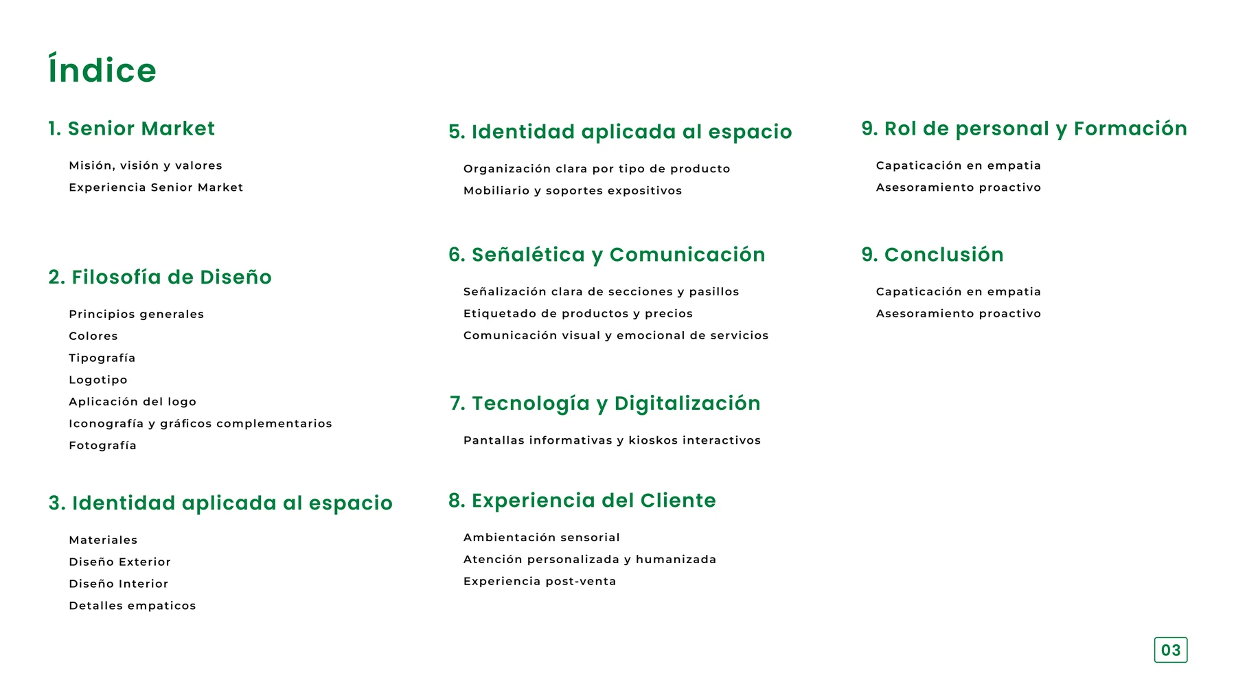 Contents page of the Senior Market brand manual listing nine chapters