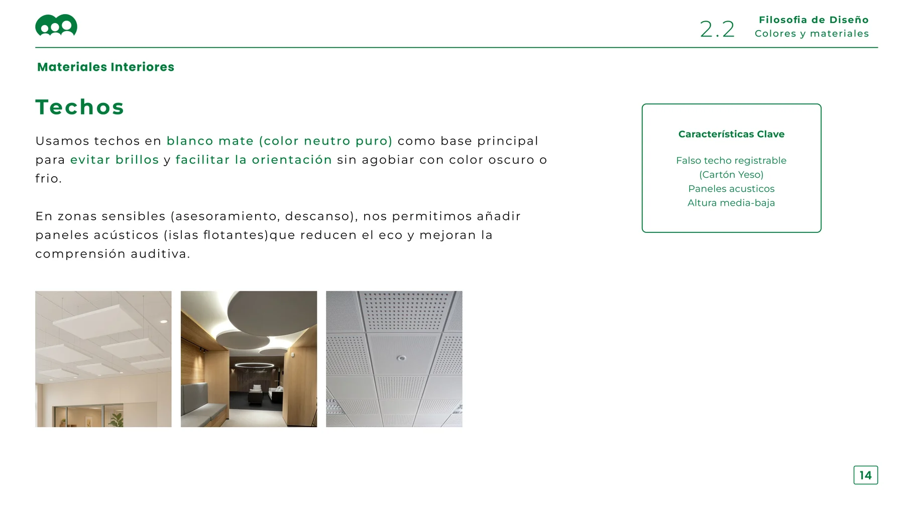 Interior materials slide covering matt white ceilings and floating acoustic panels
