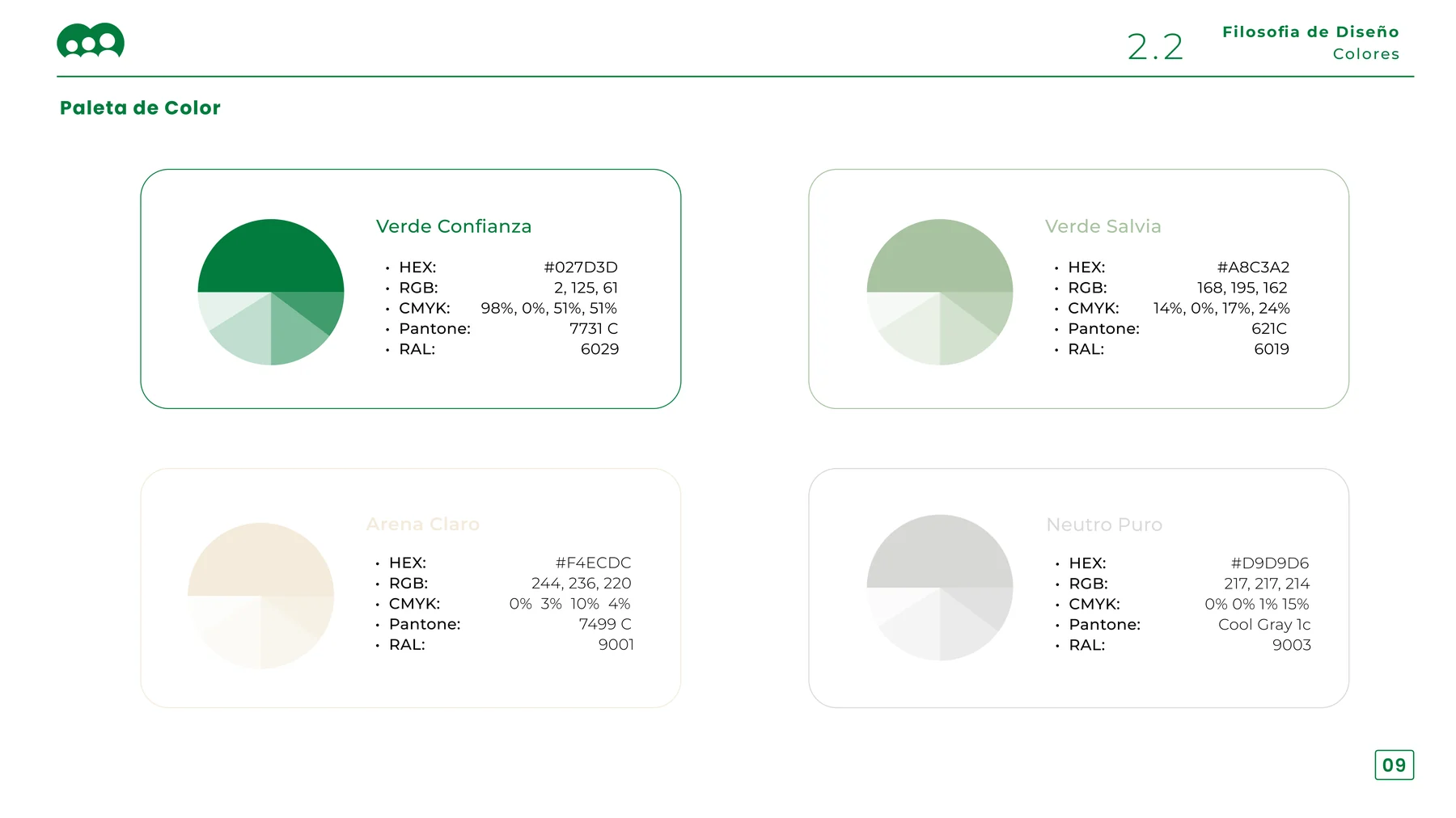 Colour palette slide showing four brand colours with HEX, RGB, CMYK, Pantone and RAL values