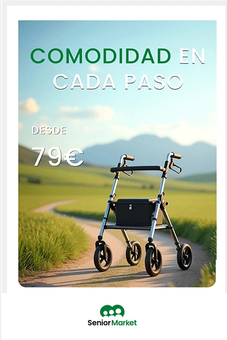 Print poster: Comodidad en cada paso, a rollator on a country path, from 79 euros