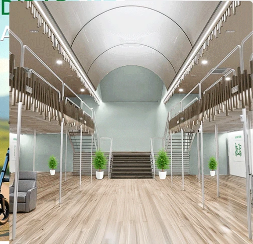 Store interior visualisation with a wide central aisle, sage green walls and light wood flooring