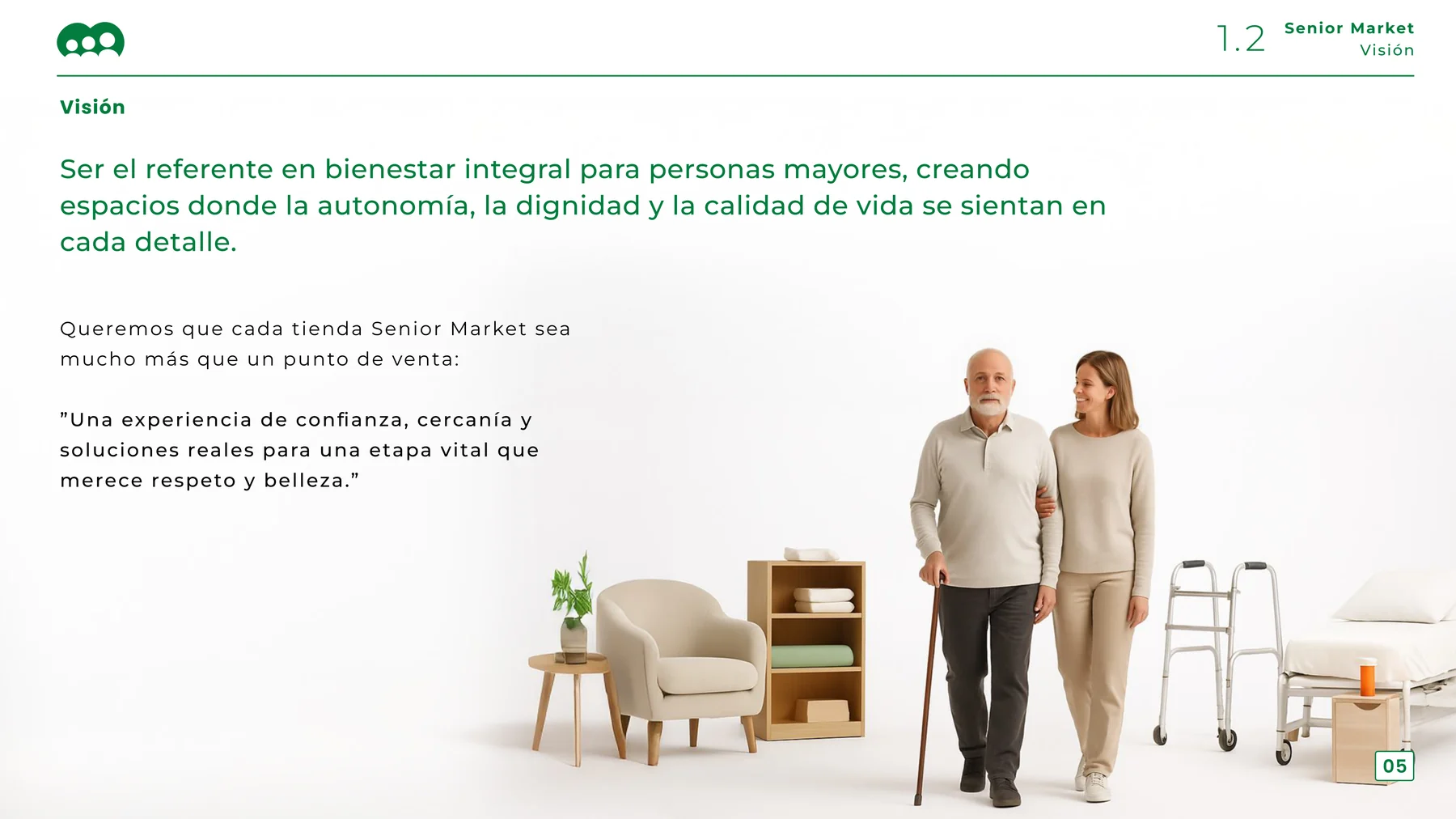 Vision slide: an older man walking with a cane beside a younger woman, surrounded by mobility products