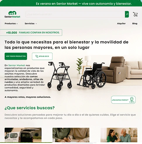 Senior Market storefront design: announcement bar, full-width search, families-trust badge, hero and a services section