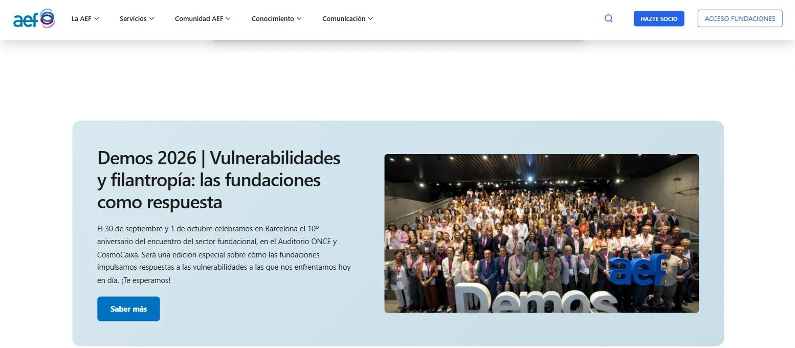 AEF homepage feature card announcing the Demos 2026 conference with headline, standfirst, call to action and photograph