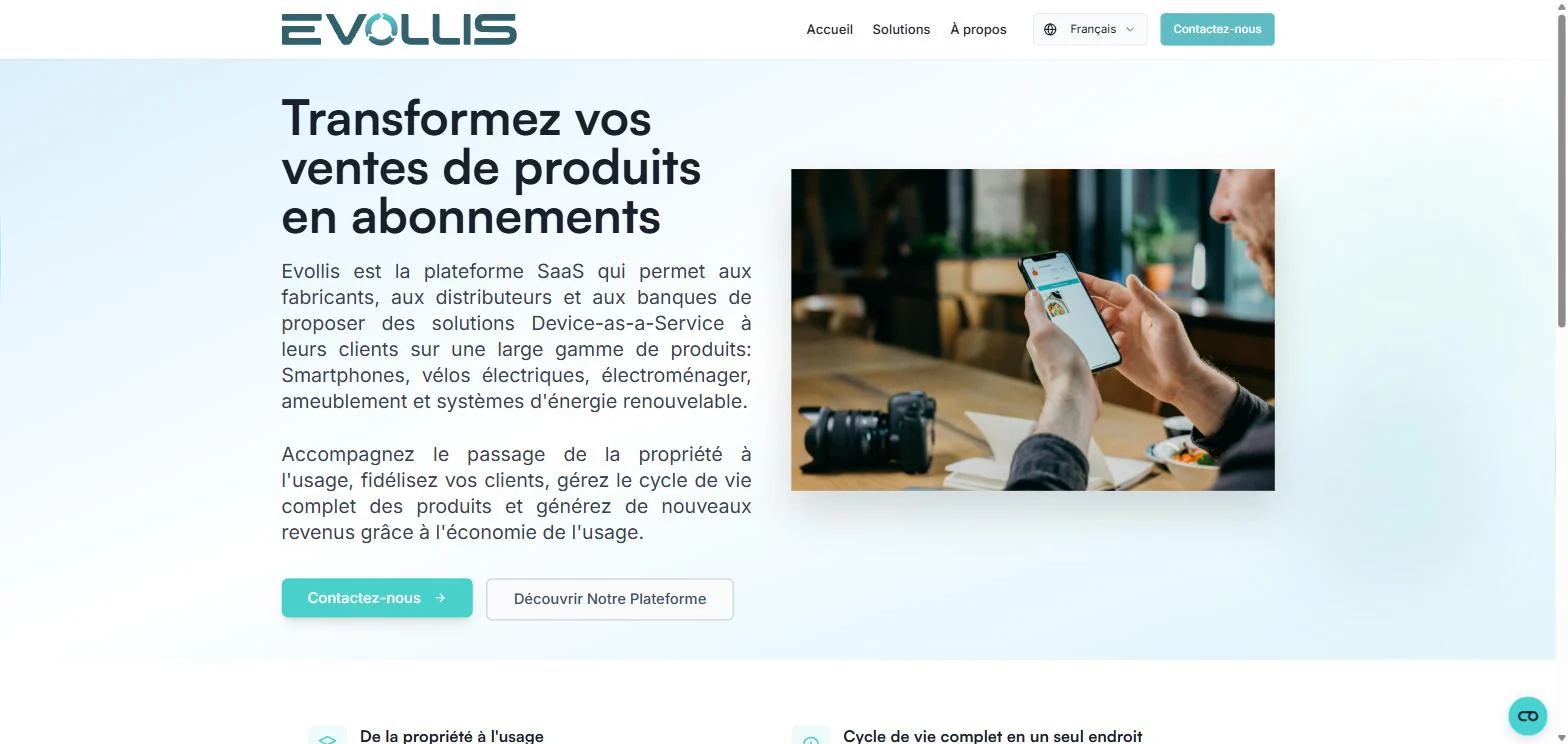 Evollis website hero: the teal wordmark over a pale gradient, a three-line headline, justified body copy and a filled teal call to action beside an outlined one
