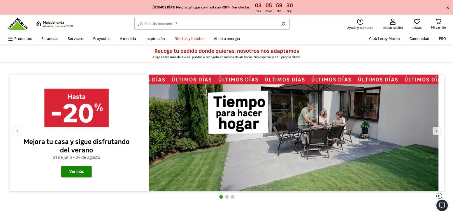 Leroy Merlin summer campaign banner: Tiempo para hacer hogar with a minus twenty per cent flash and a scrolling ultimos dias marquee