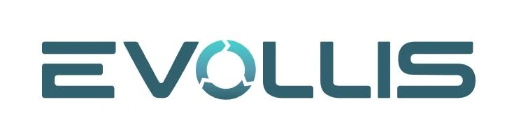 The Evollis wordmark, a teal geometric logotype with a circular recycling mark in place of the O