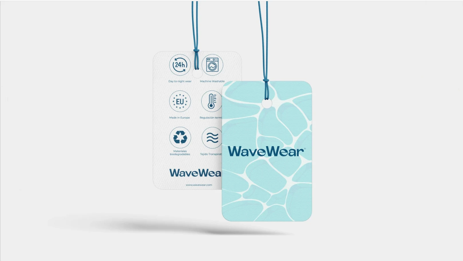 WaveWear hangtag front and back: the logo on the seafoam cell pattern, and an icon set for day-to-night wear, machine washable, made in Europe, thermal regulation, biodegradable materials and breathable fabric