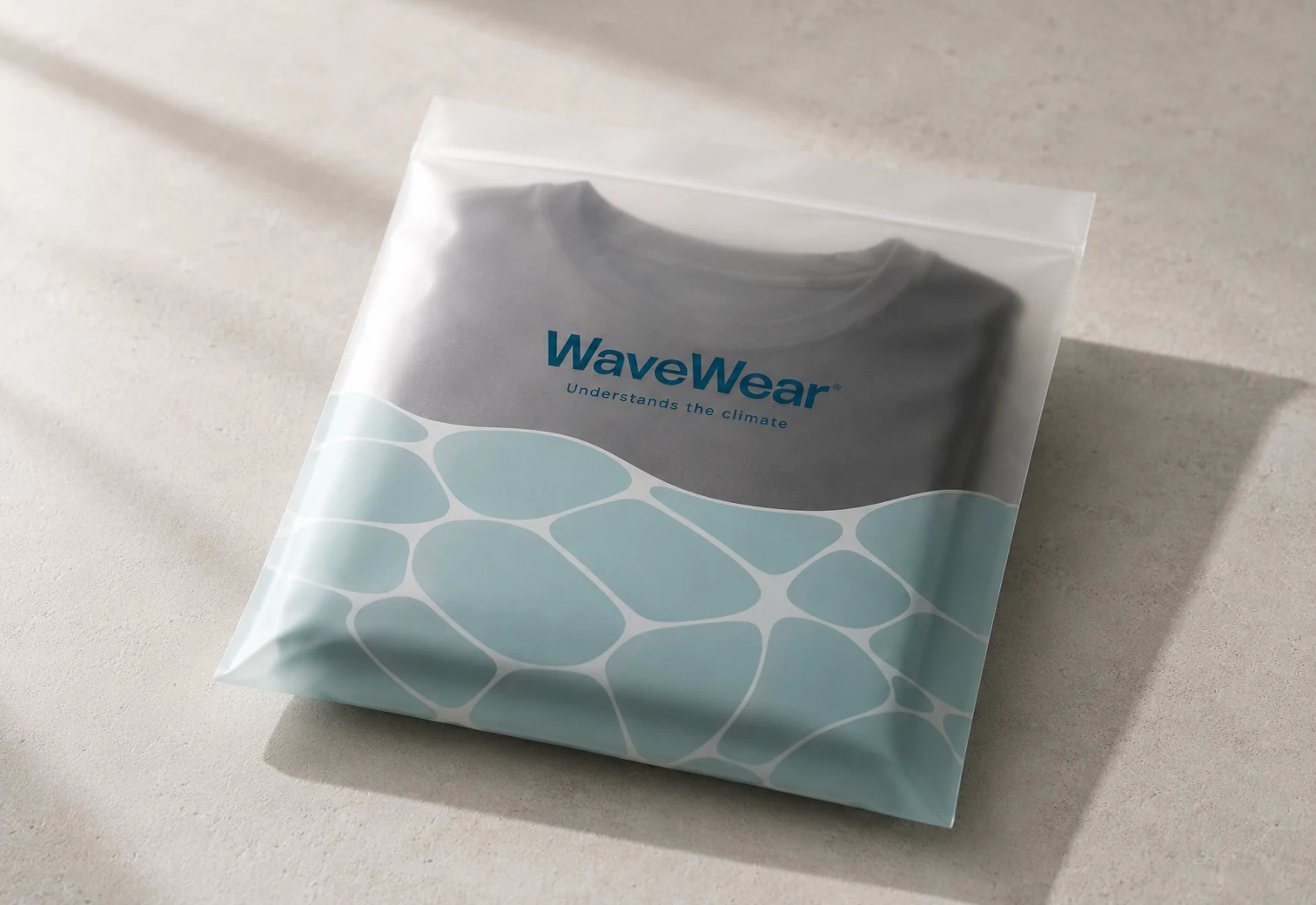 The black WaveWear shirt folded inside a translucent frosted pouch, the wordmark and tagline printed above a seafoam cell pattern that fills the lower half