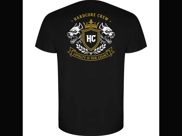 Hardcore Crew tee — gold crest back print on black