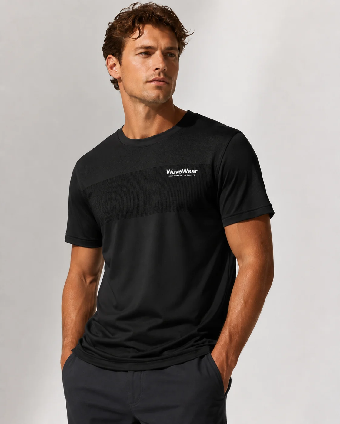 WaveWear black shirt worn by a model