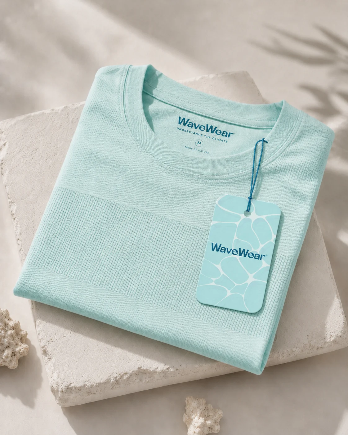 WaveWear folded seafoam shirt with aqua wave tag